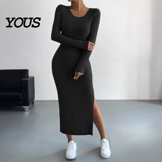 Daily Wear Autumn Dresses Women Round Neck Knitted Dress, Long Sleeve Pullover Sweater Formal Work Solid Color Stretchy Split Bodycon Dress for Winter