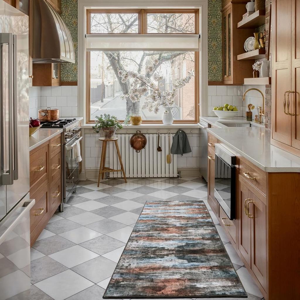 Non-Slip Boho Small Area Rugs for Entryway, Machine Washable Vintage Rug, Indoor Floral Print Carpet for Home Decor