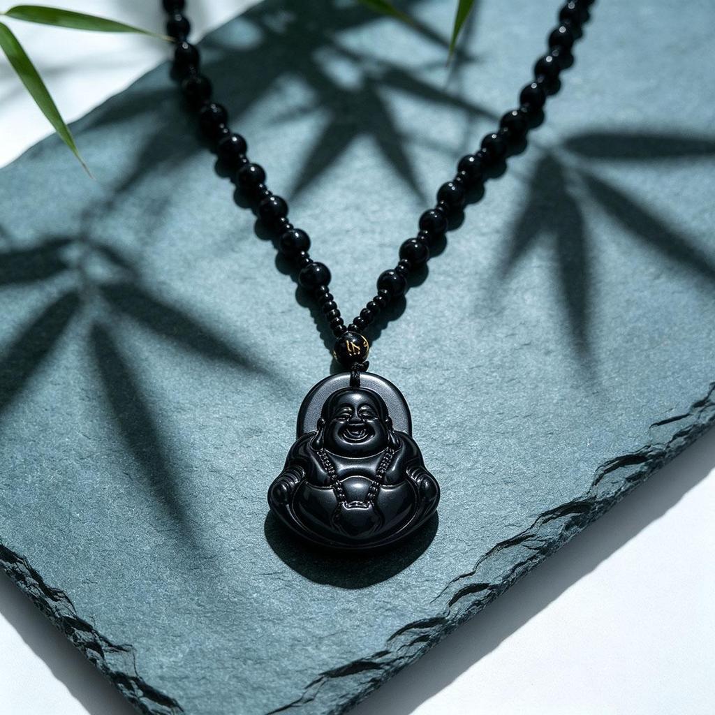 Daily new style black laughing Buddha pendant with beads necklace Buddha amulet men and women couple versatile accessory sweater chain