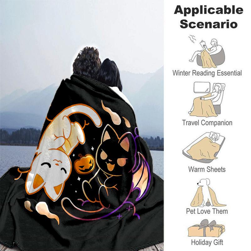 1pc Halloween White Cat & Black Cat Blanket Soft Throw for Home Decor, Gift Idea, Living Room, Travel, Camping, Car Blankets