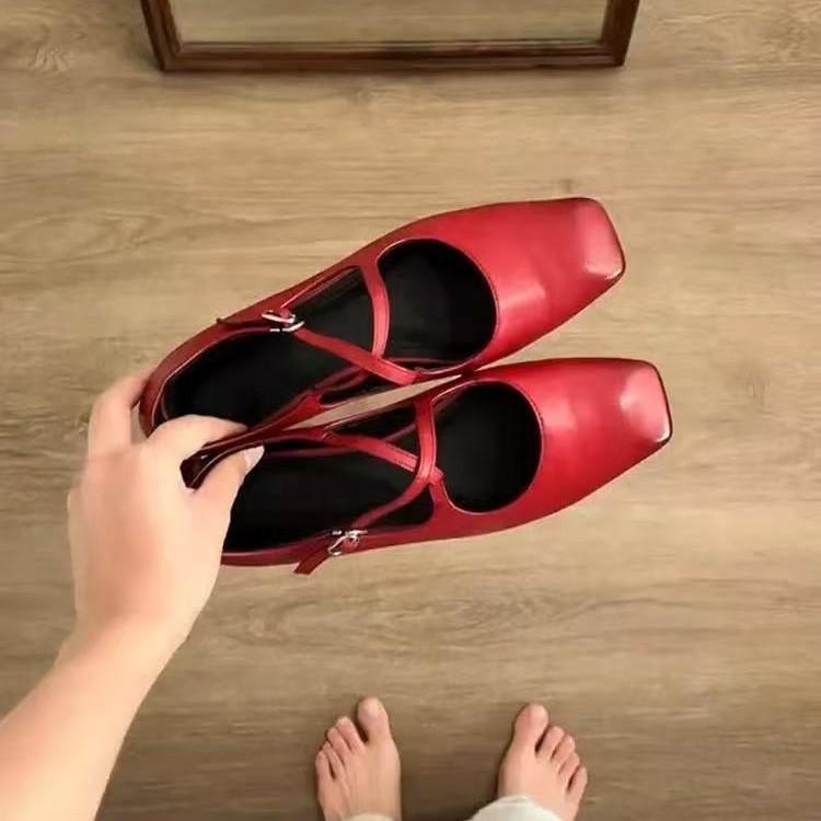 Sheepskin Version~ Flat French Evening with Skirt Single Shoes Women's Shoes Retro Square Head Mary Jane Shoes Commuter Grandma Shoes
