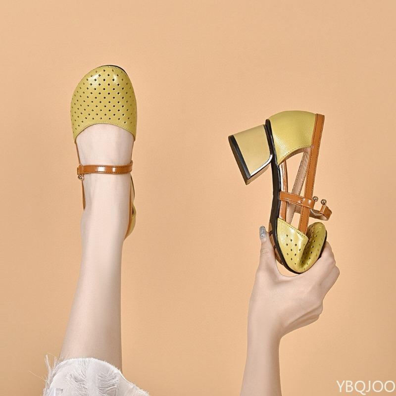 2026 Genuine leather sandals Summer women's high heels Top layer cowhide Trend shoes Fashion ladies hollow Buckle sandals Mujer