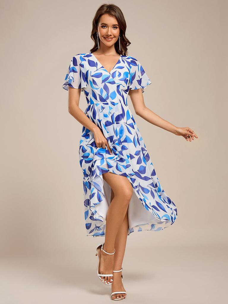 Ever-Pretty Women's Short Sleeve V-Neck Ruffled Floral Asymmetrical Midi Wedding Guest Dress