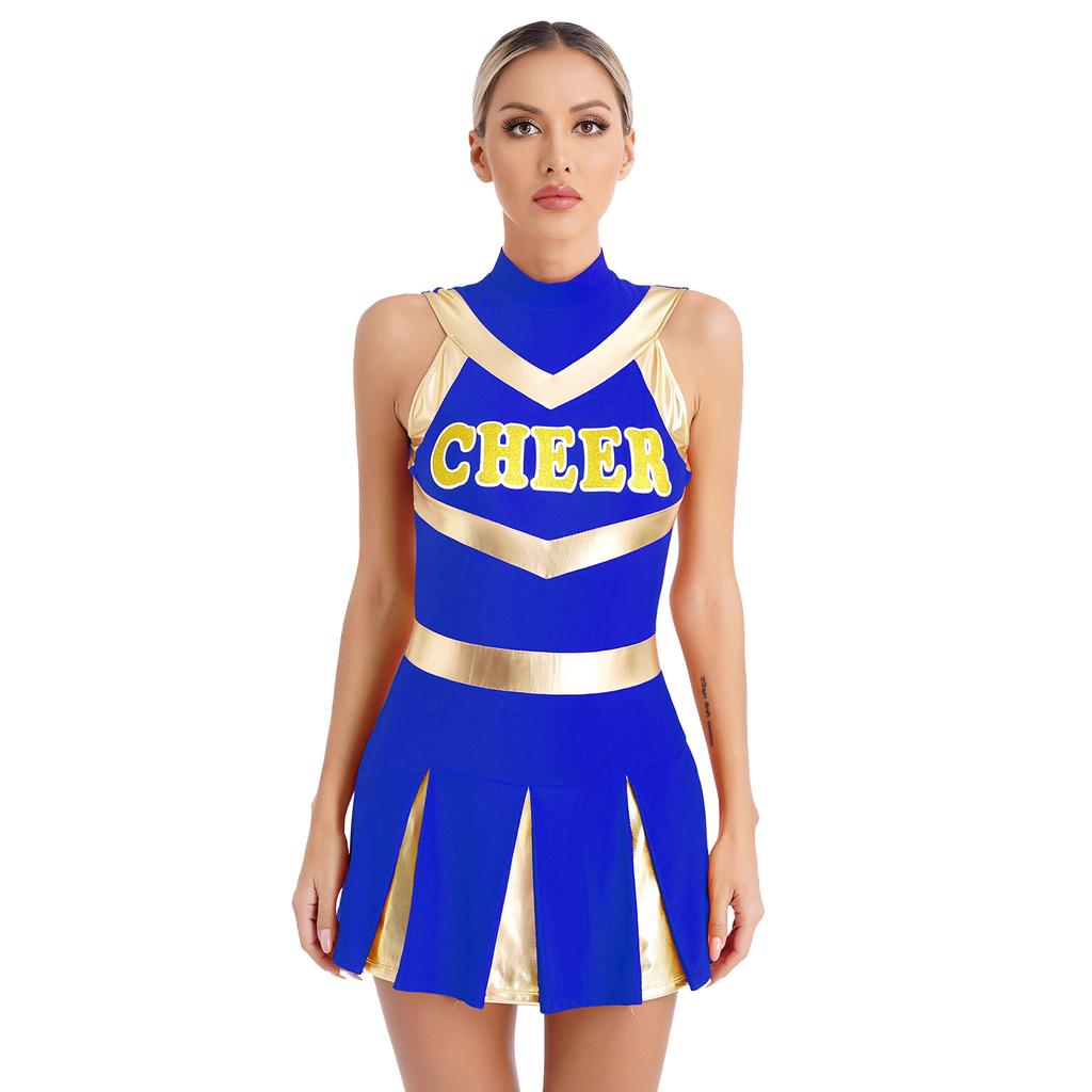 Womens Sparkling Cheerleader Dress Sleeveless Pleated Print Design Youthful Schoolgirl Uniform Halloween Costume
