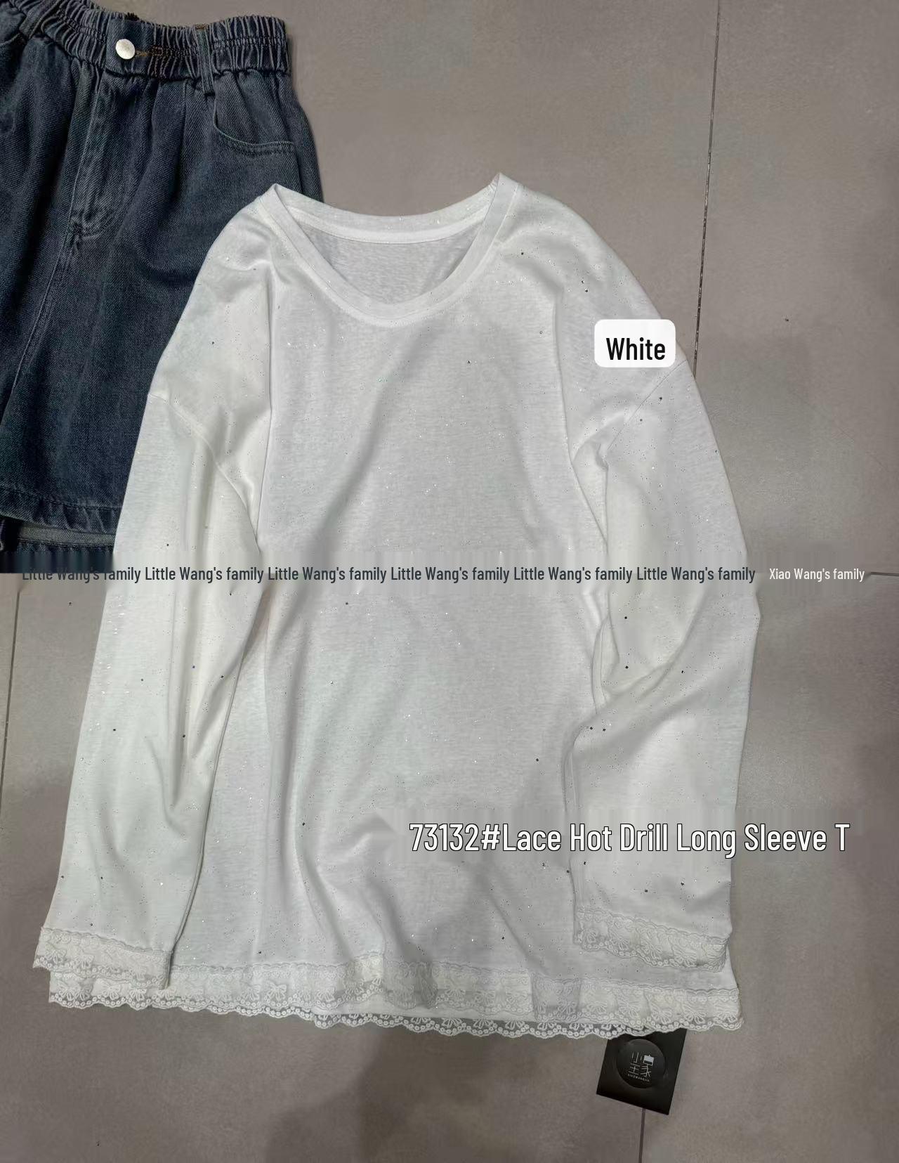 

Xiao Wang s 73132 Весенняя корейская футболка больших размеров в стиле кэжуал с кружевом, круглым вырезом и длинными рукавами One Size белый