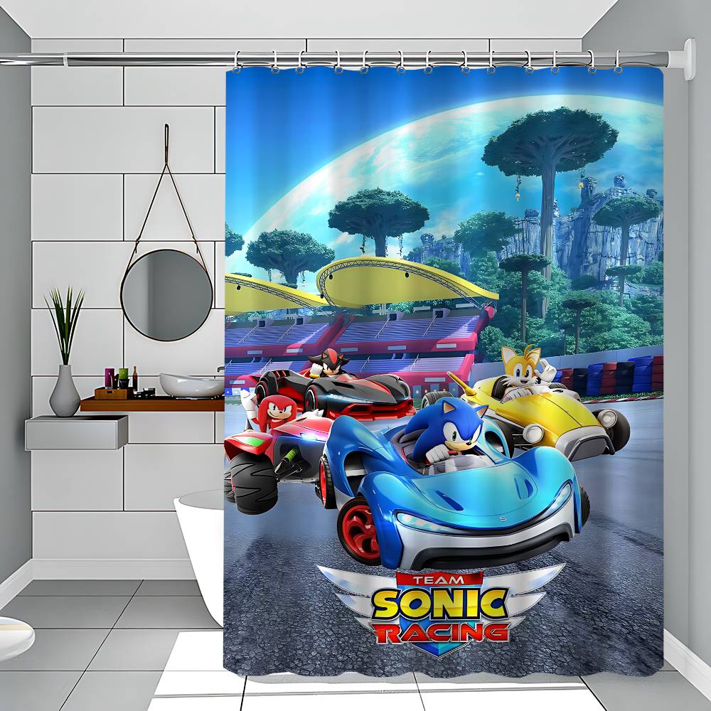 S-Sonic Racing Crossworlds Game Shower Curtain Bath Curtain Print Fabric Waterproof Bathroom Curtains Hooks Bath Screen
