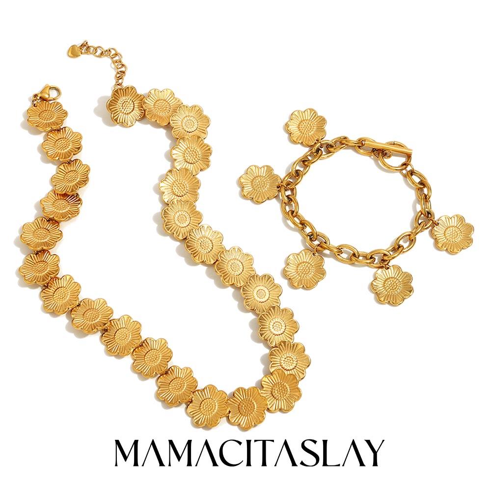 MamacitaSlay 316L Stainless Steel Flower Necklace Bracelet Party Waterproof 18K Gold Plated Jewelry Set Women's Elegant Gift