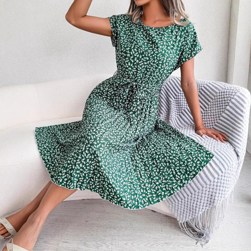 Ins Real Shot Spring and Summer Casual Short-sleeved Floral Pleated Skirt Women's Clothing