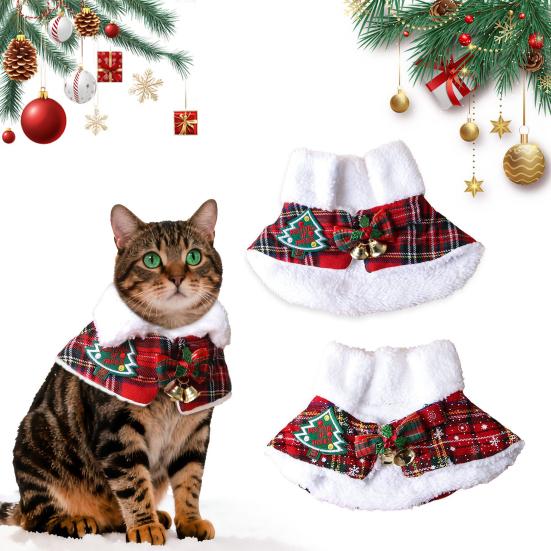 Pet Scarf Christmas Plaid Bowknot Bells Decor Plush Lining Lace-up Cat Dog Collar Holiday-themed Pet