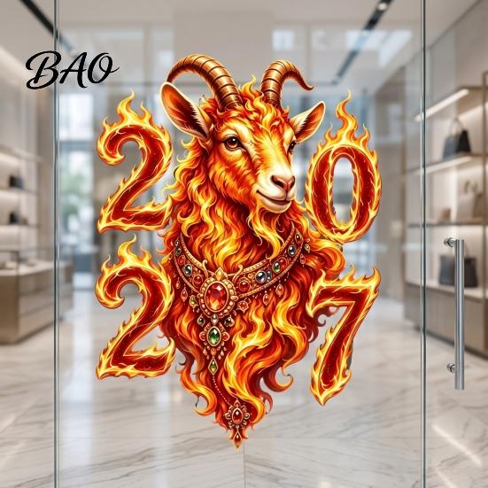 Christmas New Year Window Art Chinese Decoration, 2027 Goat Static Clings, Zodiac Glass Vibrant Pattern Cling Decals, Reusable Lunar Decor for