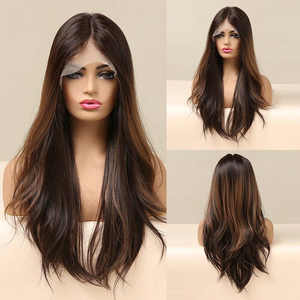 ALAN EATON Hellbraune gerade Lace-Front-Perücken, Mittelscheitel, Ombre-Blonde Spitze, synthetische Perücke, natürlicher Haaransatz, hitzebeständig