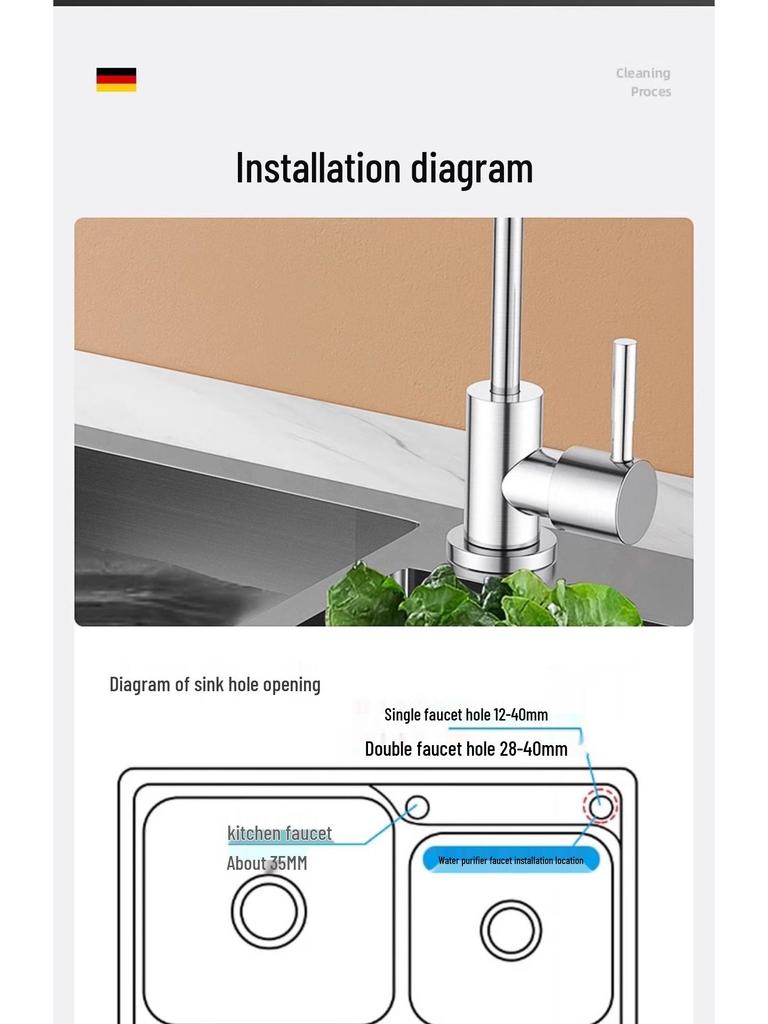 1/2 Inch Gooseneck Kitchen Faucet with Water Purifier - 304 Stainless Steel, Single Cold