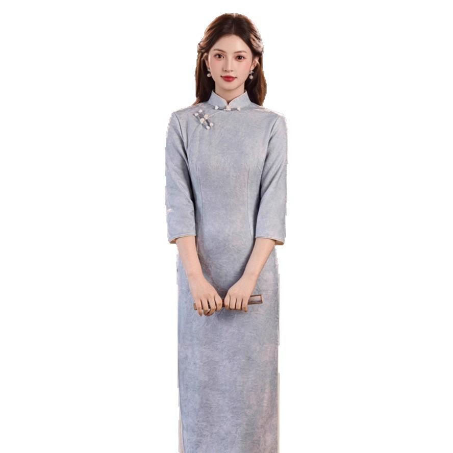 1011 autumn new cheongsam new Chinese style long blue cheongsam retro slim waist daily women's cheongsam