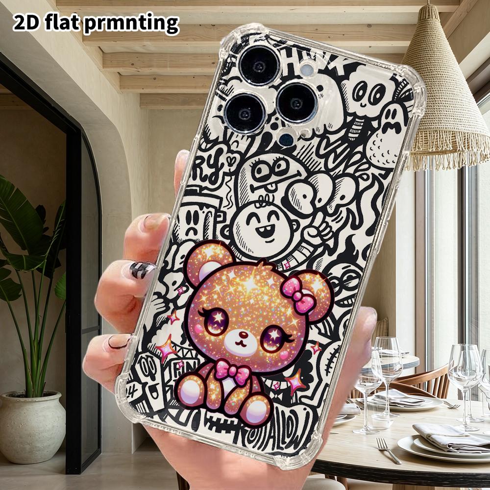 Phone Case: 2D Flat Suitable for iPhone 18 17 16 15 14 13 Pro, Transparent Corner Protection Case, Gold Glitter Brown Bear, Christmas and Halloween Gi