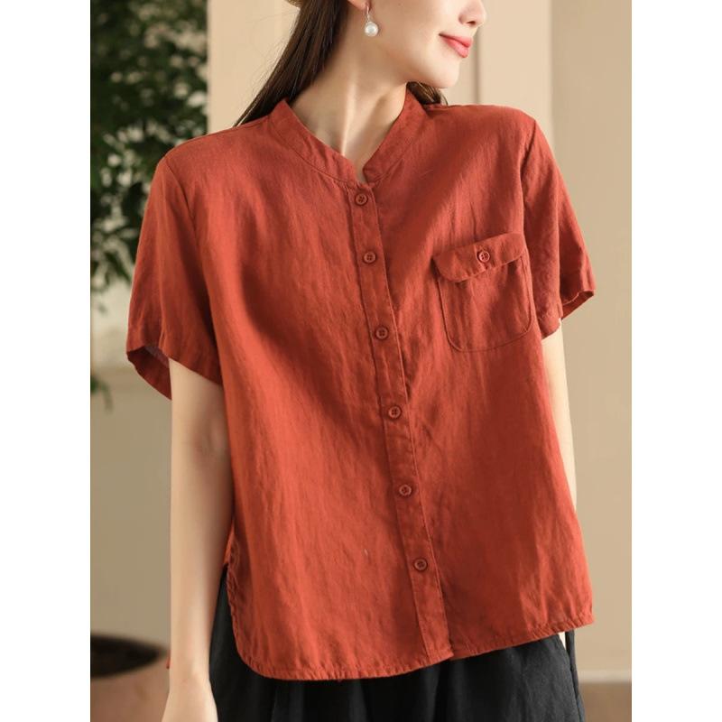 1116 linen shirt women's fried color stand-up collar short-sleeved shirt jumper casual top