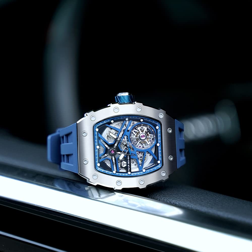Hodinky TSAR BOMBA Business 50M voděodolné hodinky s skeletem Stylové hodinky Tonneau z nerezové oceli s obličejem a ramenem pro muže Světelný japonský strojek Modrá