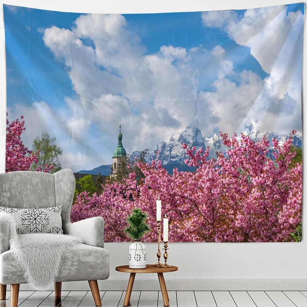 Beautiful Mount Fuji Sakura Pagoda Landscape Wall Hanging Tapestry Decorative Art Suitable for Living Room Room Home Decor