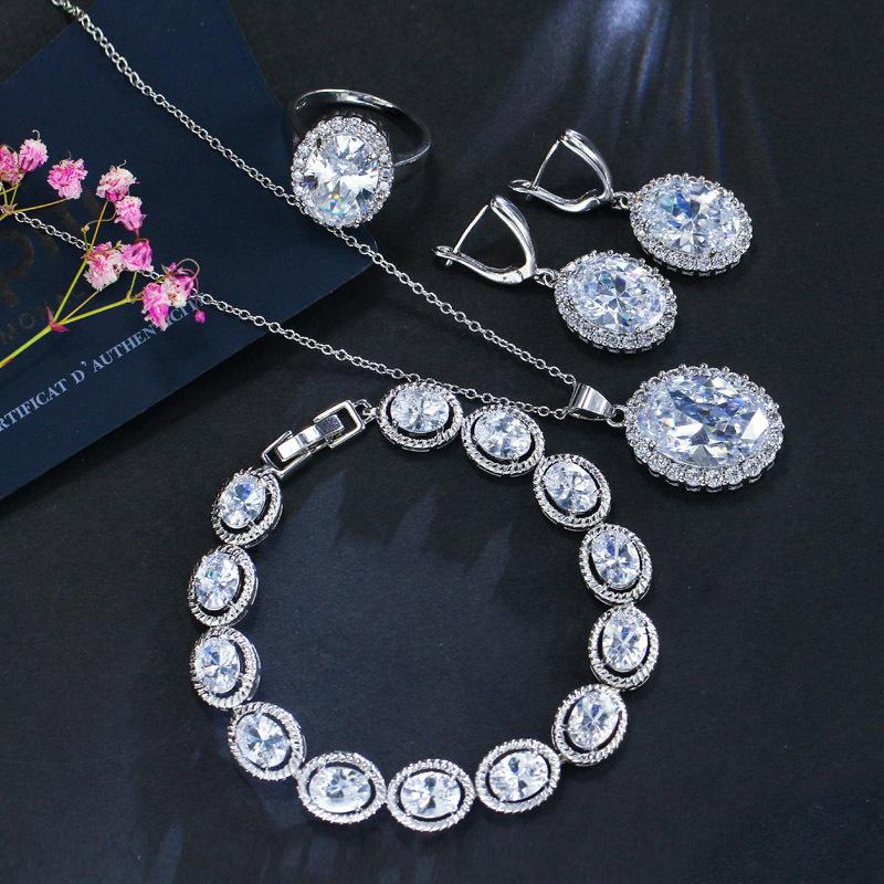 Dinner Wedding Set, Earrings, Ring Necklace, Four-Piece Set, Brass Micro-Zircon Jewelry.