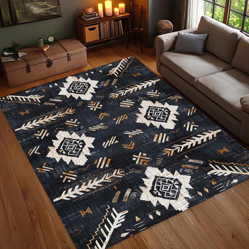 American Native Indian Pattern Carpet Mat Rug Home Decor Vintage Ethnic Style Floor Area Rug Living Room Bedroom Dark Geometric