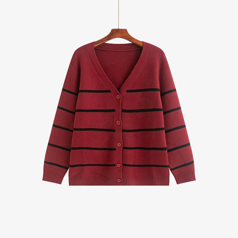 Plus Size Women's V-Neck Color Block Stripe Knit Cardigan - Loose Casual Winter Style