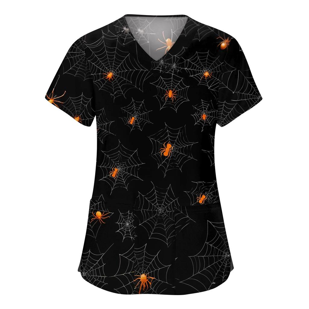 Dámské módní pracovní oděvy s krátkým rukávem a výstřihem do V s kapsami Halloweenské topy s potiskem