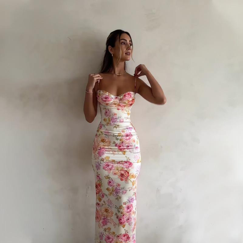 New Fashion Sleeveless Printed Sexy Backless Suspender Dress Slim Fit Elegant Bodycon Summer Party Long Dress Female Streetwear Casual Clothing