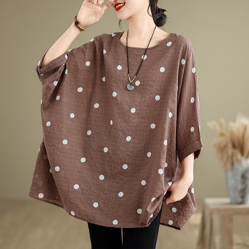 Short Sleeve Plus Size Cotton Vintage Polka Dot Casual Loose Long Tops Women Summer T-shirt
