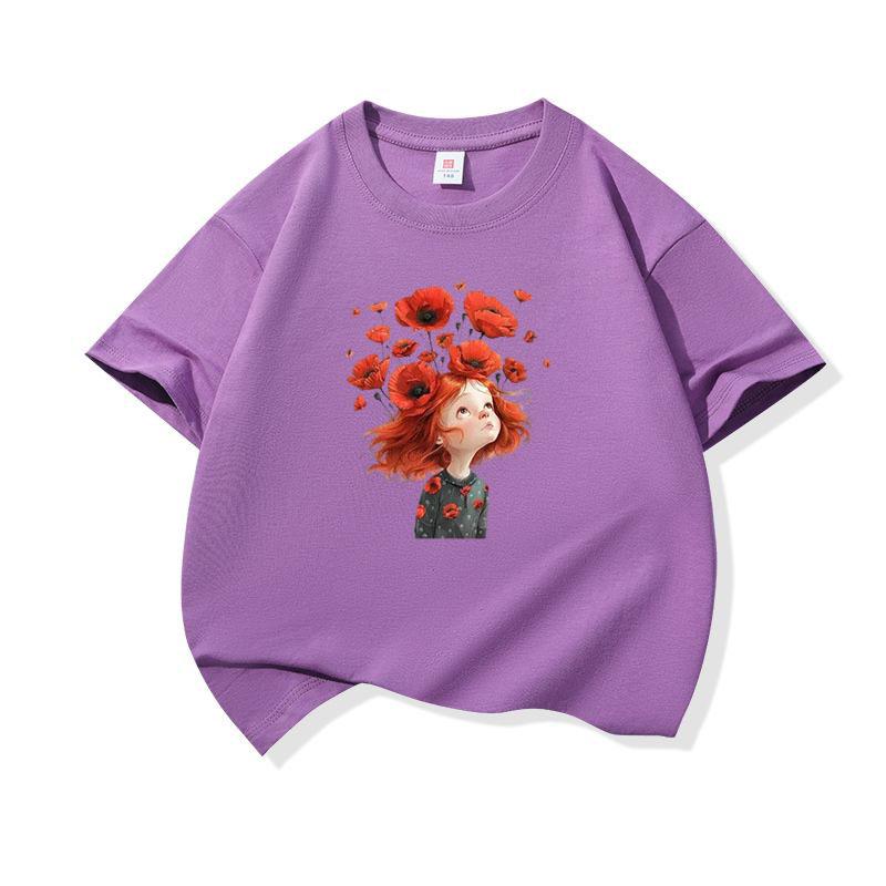 Kids Cotton T Shirt Red Flower Girl Print Crew Neck Short Sleeve Tee Casual Breathable Boys Girls Summer Tops