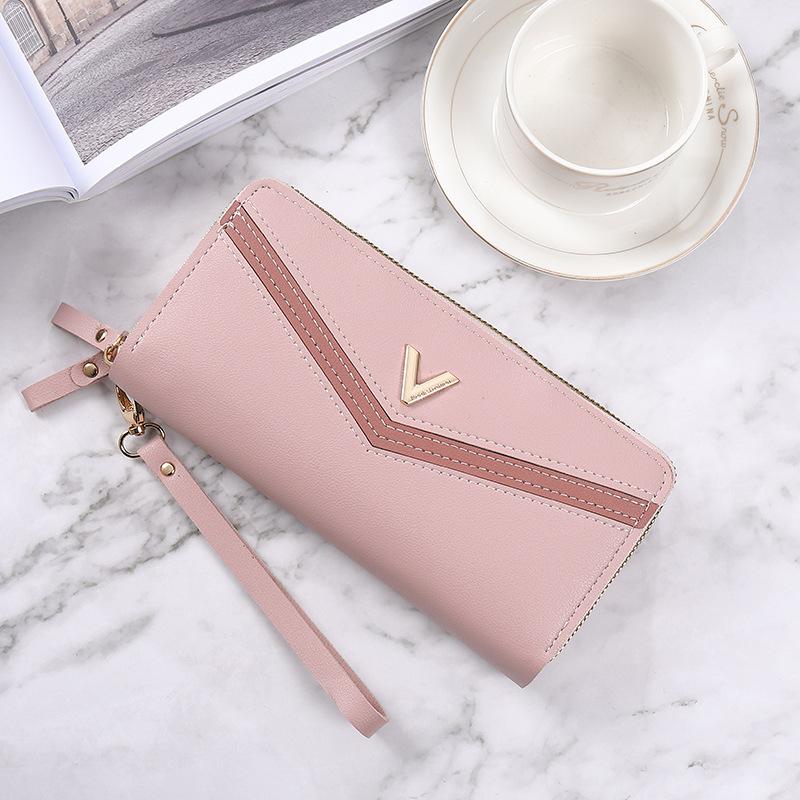 

Новый длинный кошелек для женщин, многофункциональный кошелек V-образной формы на двойной молнии розовый