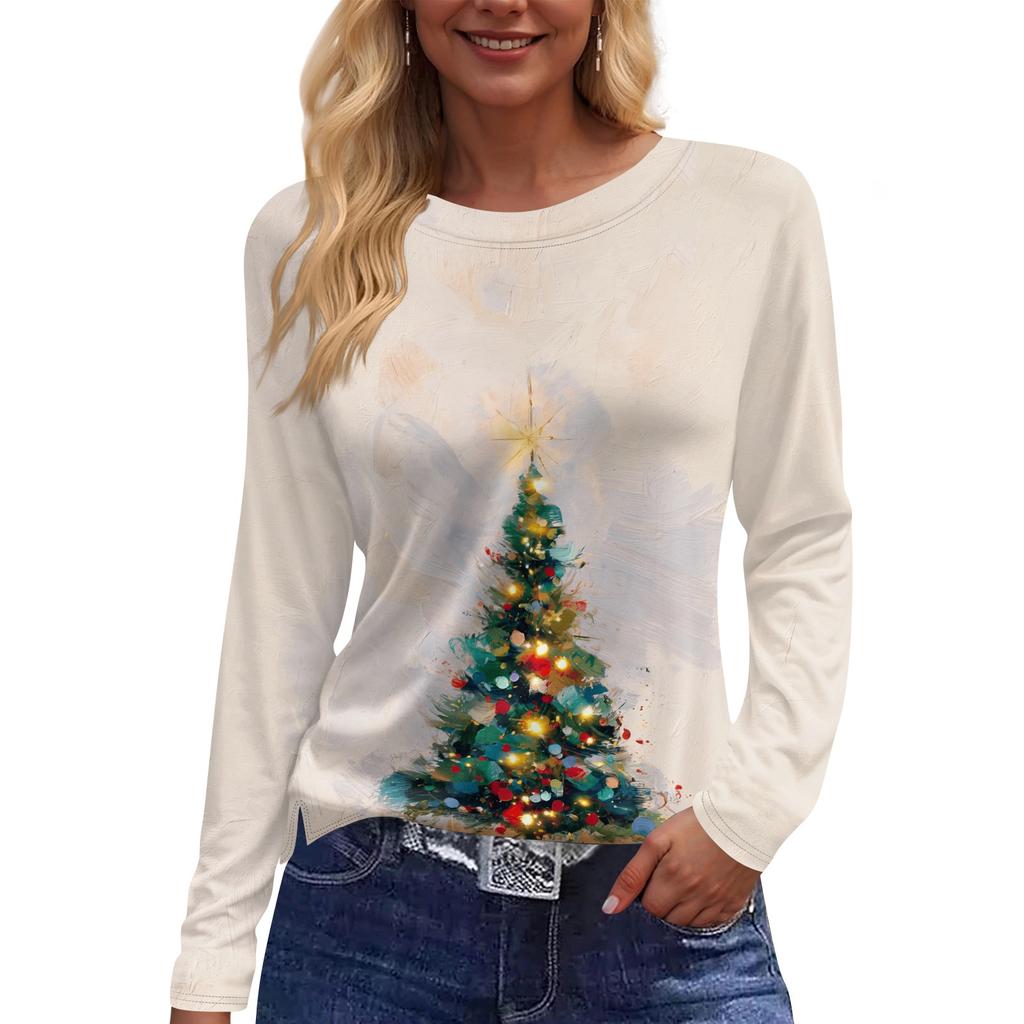 Women's Christmas Print Long Sleeve Neck Top with Side Slit Hem