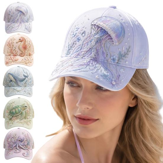 Turtle Whale Jellyfish Pattern Cap Ocean Creatures Baseball Cap, Adjustable Sun Hat with Sea Back Buckle Animal Patterns, Trucker for Men And