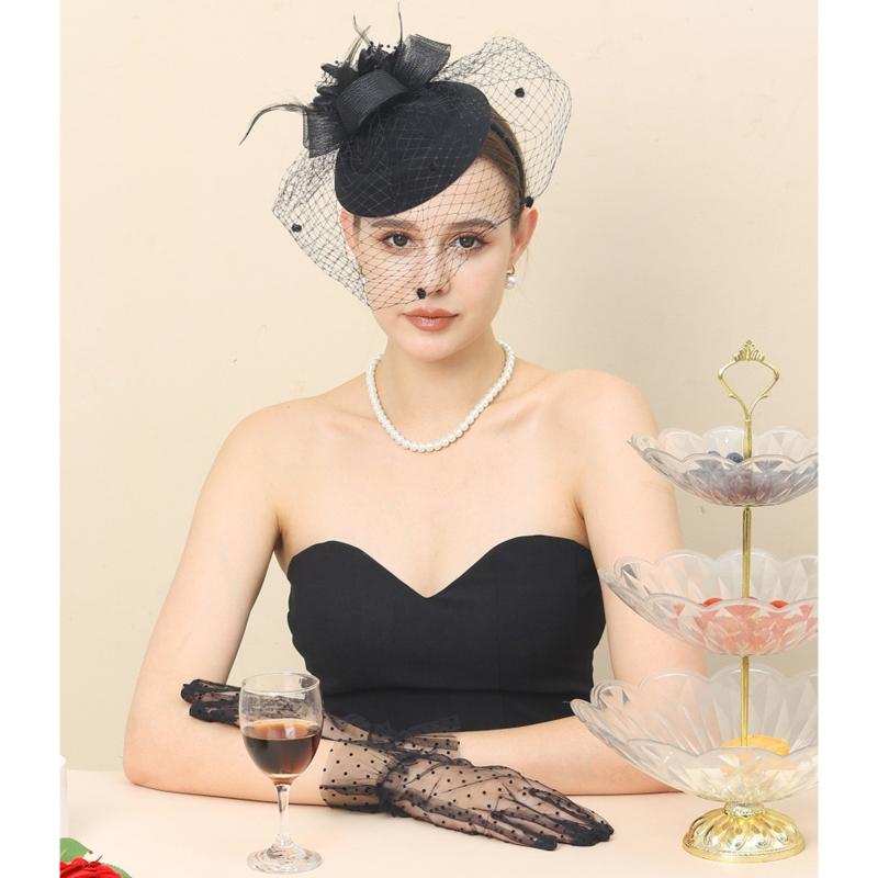 Vintage Style Handmade Large Veil Women Feather Hair Fascinator Hat Wedding Mesh Short Gloves for Bridal Accessories