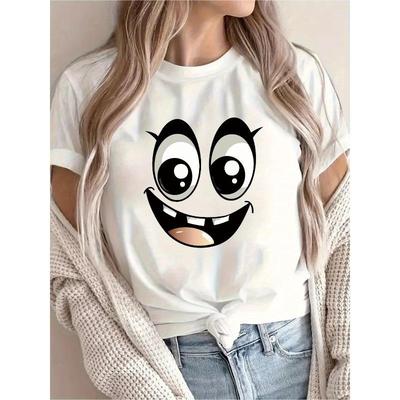 European Size [New Recommendation] Joyful Pattern Printed T-shirt, Women's Casual, Vacation, Short-sleeved Round Neck, Spring and Summer