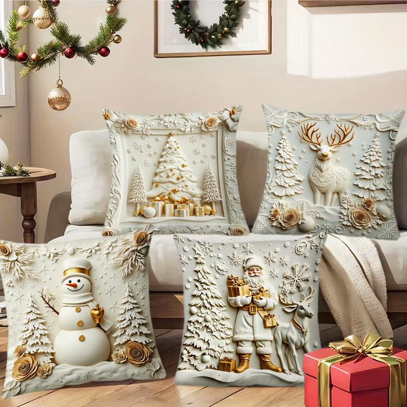 Goldener weihnachtlicher Kurzplüsch-Kissenbezug mit Schneemann-, Rentier- und Baum-Design - Festliche Heimdeko-Kissenhülle
