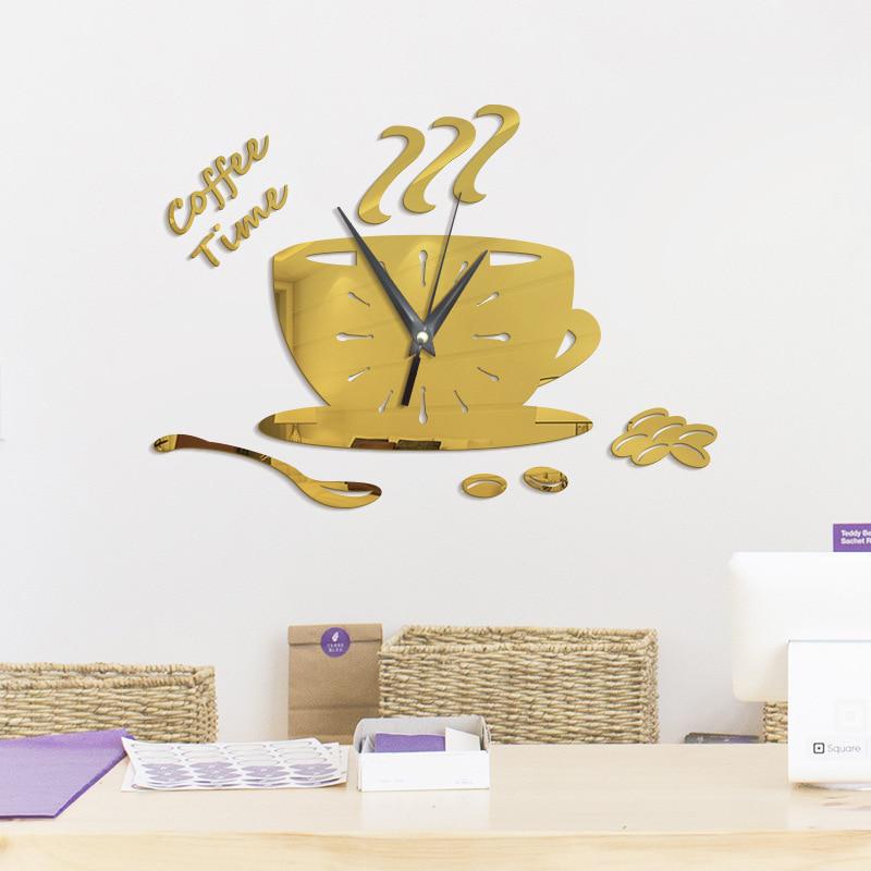 Horloge murale créative 3D en forme de tasse à café, miroir acrylique moderne, grande tasse, décoration d'intérieur, cuisine
