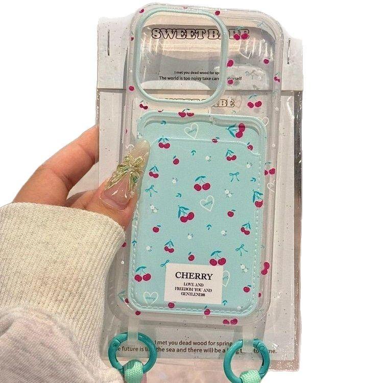 Full Screen Cherry Lanyard Card Case  Suitable for Iphone16 Phone Case  IPhone 15 Protective Case  14 Fresh and Clean 13 Women's Style