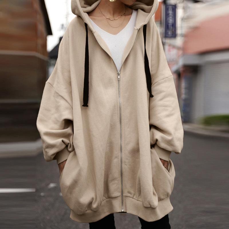 AUT1029645CMP Women Oversized Zip Up Hoodie Long Sleeve Solid Color Loose Casual Long Hooded Jacket S-5XL