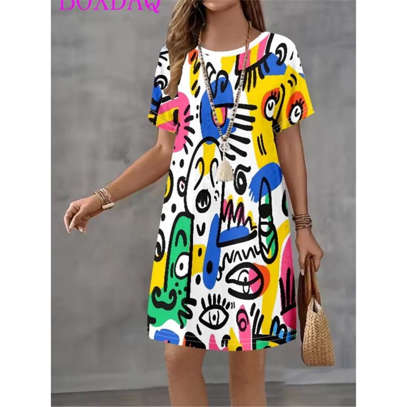 Künstlerisches Porträt von Gesichtsmustern Damenkleider Lässig bedruckt Minikleid Damen Sommer Locker Kurzarm A-Linien-Kleid Neu