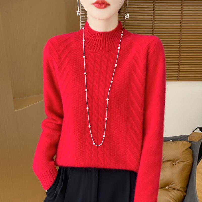 Women's Age-Reducing Loose Pure Wool Sweater, Half-High Collar, Thickened Knit Top for Autumn/Winter.