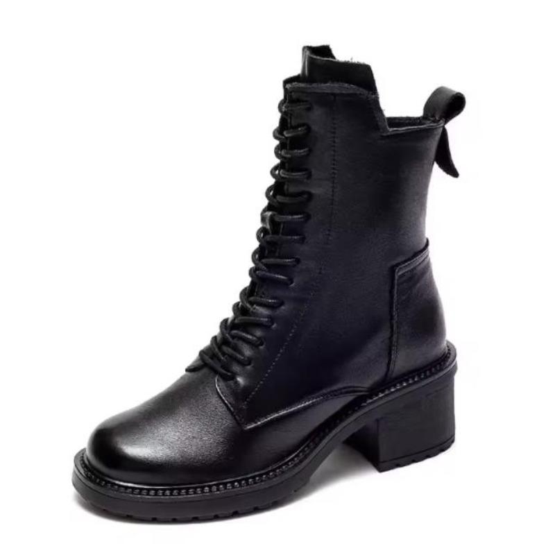 Fashion 2025 Handmade Retro High Heel Boots Women Autumn Winter Full Cow Leather Round Toe Zipper Trend Warm Mid-Calf Boots Female
