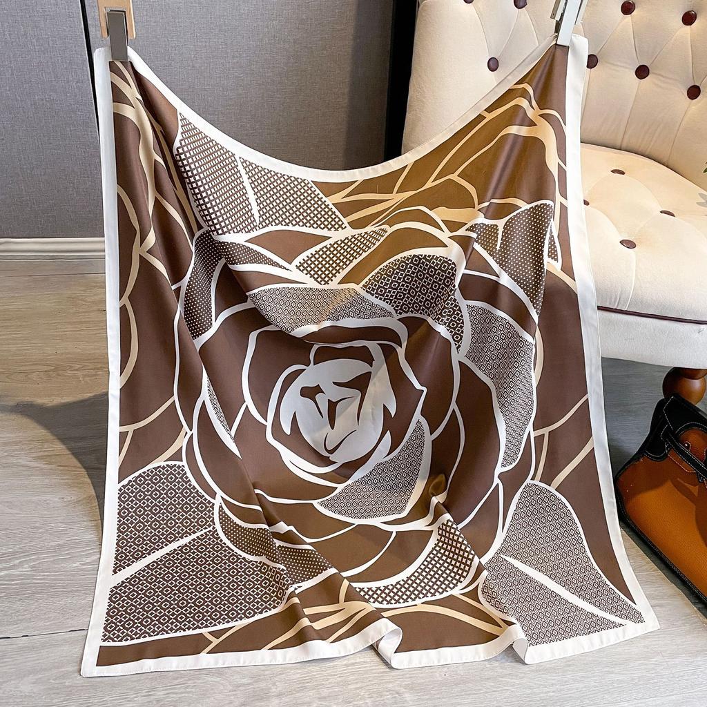 Big Flower Diagonal Silk Pattern Large Square Scarf 90 Fashion Retro Printing Imitation Silk Shawl Scarf Headscarf Women