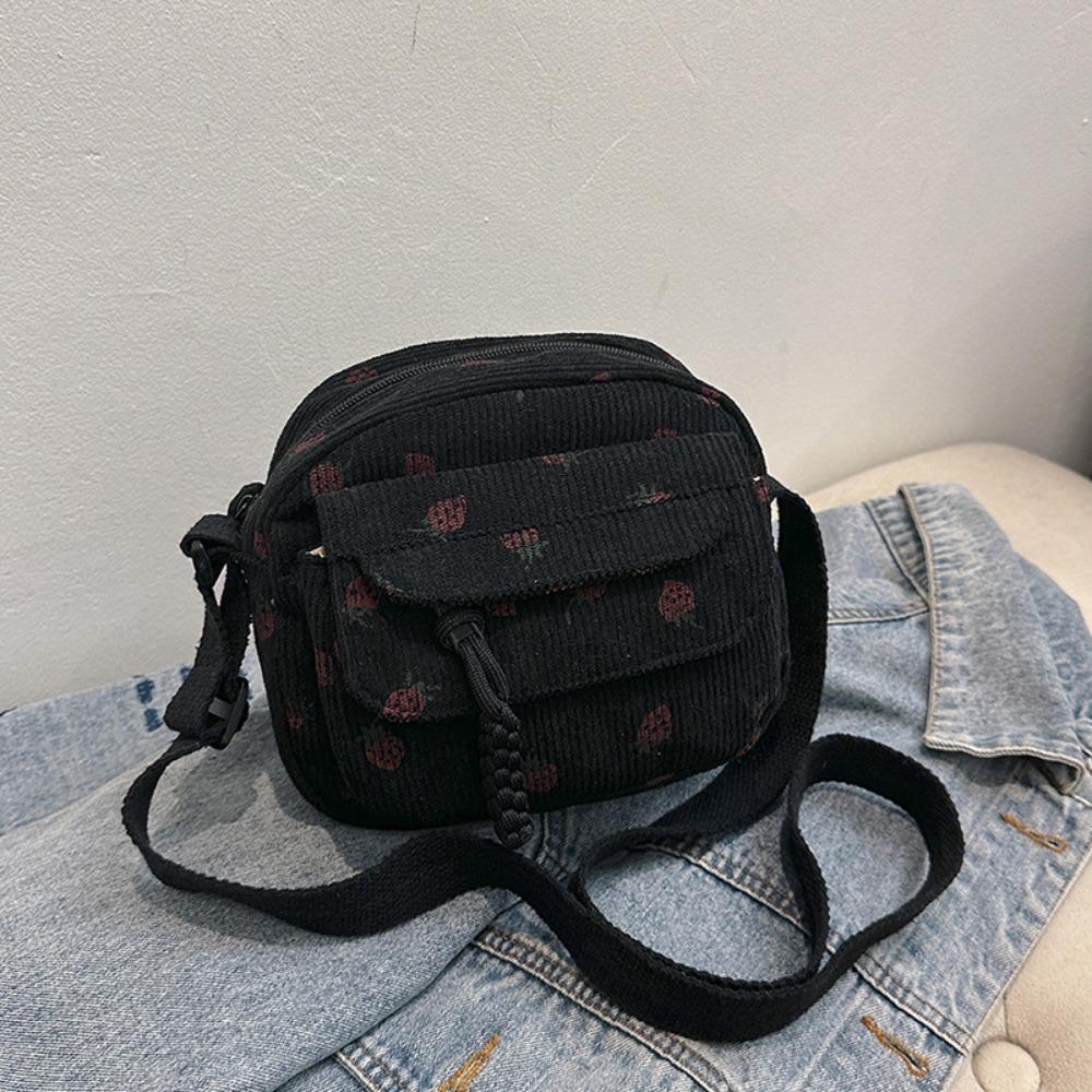 Fashion Printing Strawberry Crossbody Bag Zipper Corduroy Shoulder Bag Sweet Women Girl Large Capacity Handbag