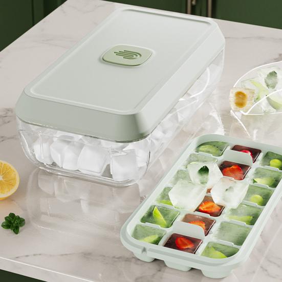 Ice Cube Tray with Lid And Bin Press-Button Release Ice Mold for Freezer