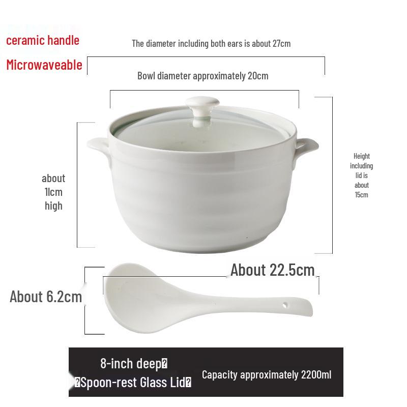 Double Ear Ceramic Soup Bowl Set with Lid - Microwave Safe, Includes Large Spoon and Tureen, Pure White, Creative Design (8 Bowls)