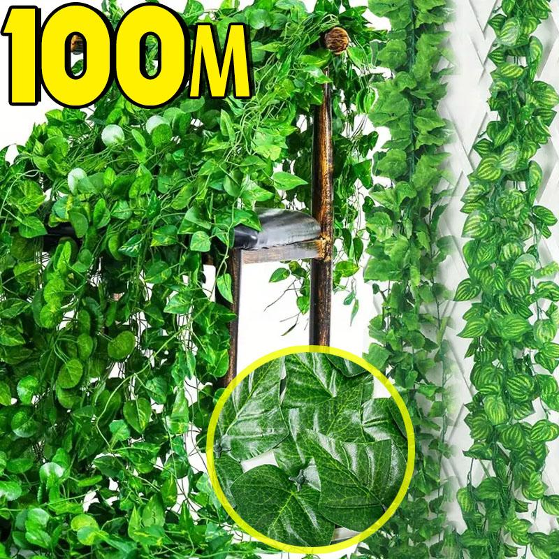 100/2M Artificial Green Ivy Vine Garland Fake Leaf Plants Rattan Hanging Creeper Garlands for Garden Wedding Party Wall Decors