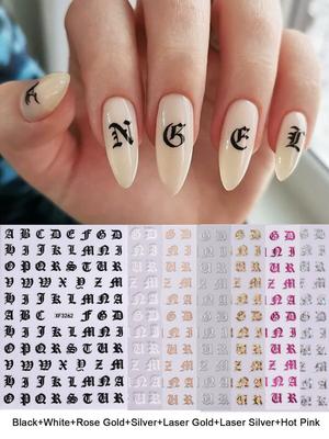 4pcs/Set English Letter Nail Art Stickers, White, Black, Gold, Silver, 3D Nail Decals DIY Nail Art Decorations, Nail Supplies
