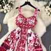 Ethnic style retro suspender dress women's French design sense niche waist thin floral A-shaped long skirt