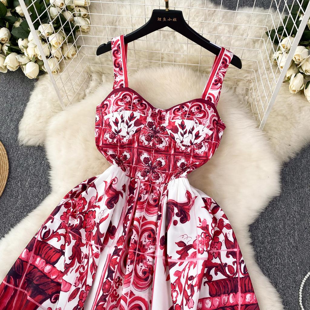 Ethnic style retro suspender dress women's French design sense niche waist thin floral A-shaped long skirt