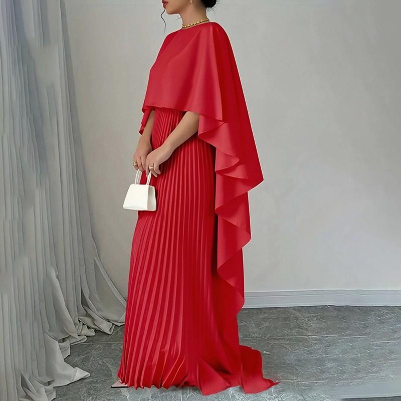 2026 Womens Elegant Solid Color Round Neck Pleated Slim Fit Casual Dress Set With Batwing Sleeves