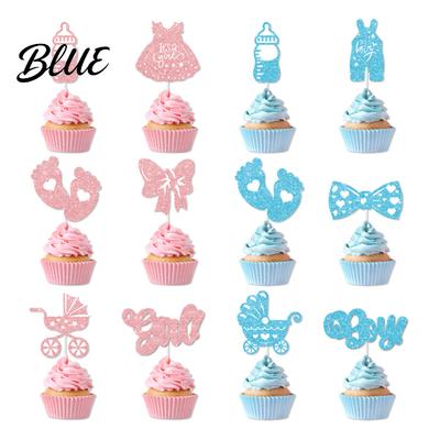 Glitter Paper Baby Theme Picks 12Pcs Boy Girl Birthday Cake Toppers Themed Cupcake with Party Supplies Bottle Stroller Bow Suit Cardboard